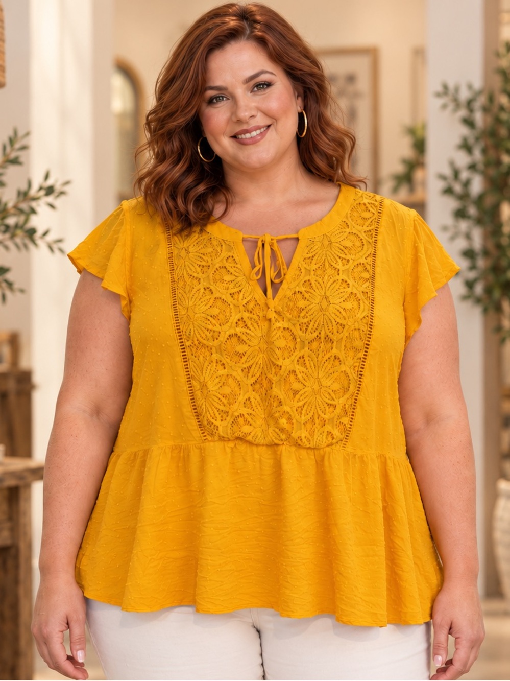 torrid Mustard Lace-Front Flutter Sleeve Peplum Top Size 2X